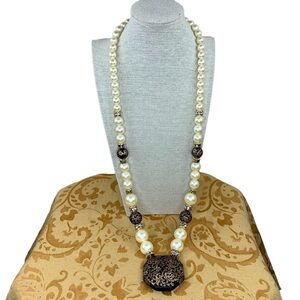 Vintage Pearl Beaded Hand Painted Necklace Statement 30” Length Classic